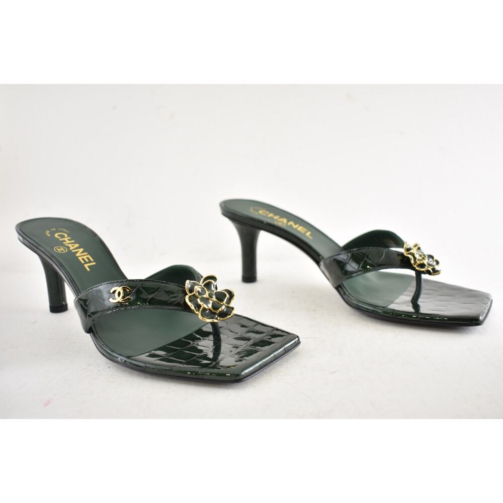 Chanel 26A Green Crocodile Croc CC Flower Backless Mule Heel Thong Sandal 39 - Picture 5 of 16